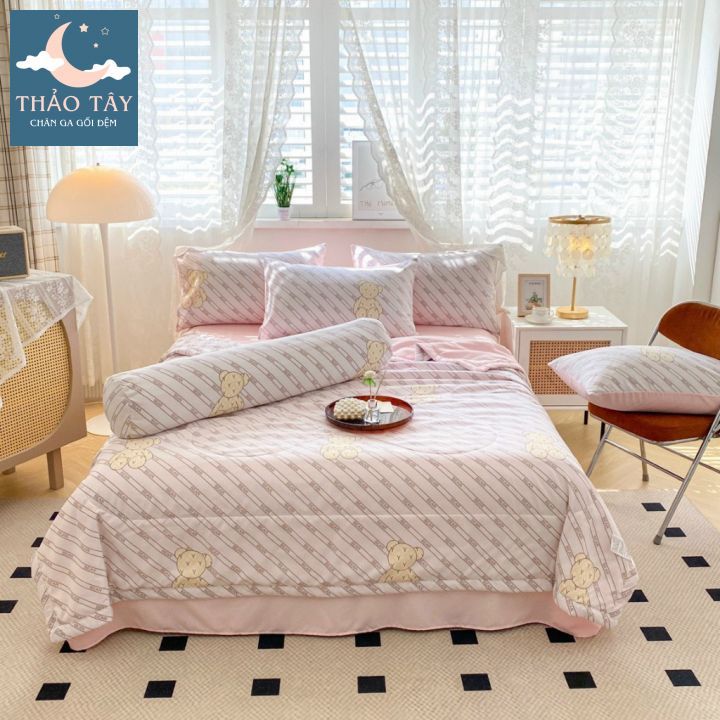 Set chăn ga 5 món cotton đũi thô chăn trần hoạ tiết vitage