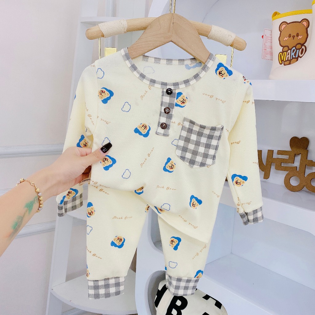 Bộ quần áo thu đông, mặc điều hòa, dài tay, cổ trụ, chất thun tăm, cho bé trai, bé gái – BD1110