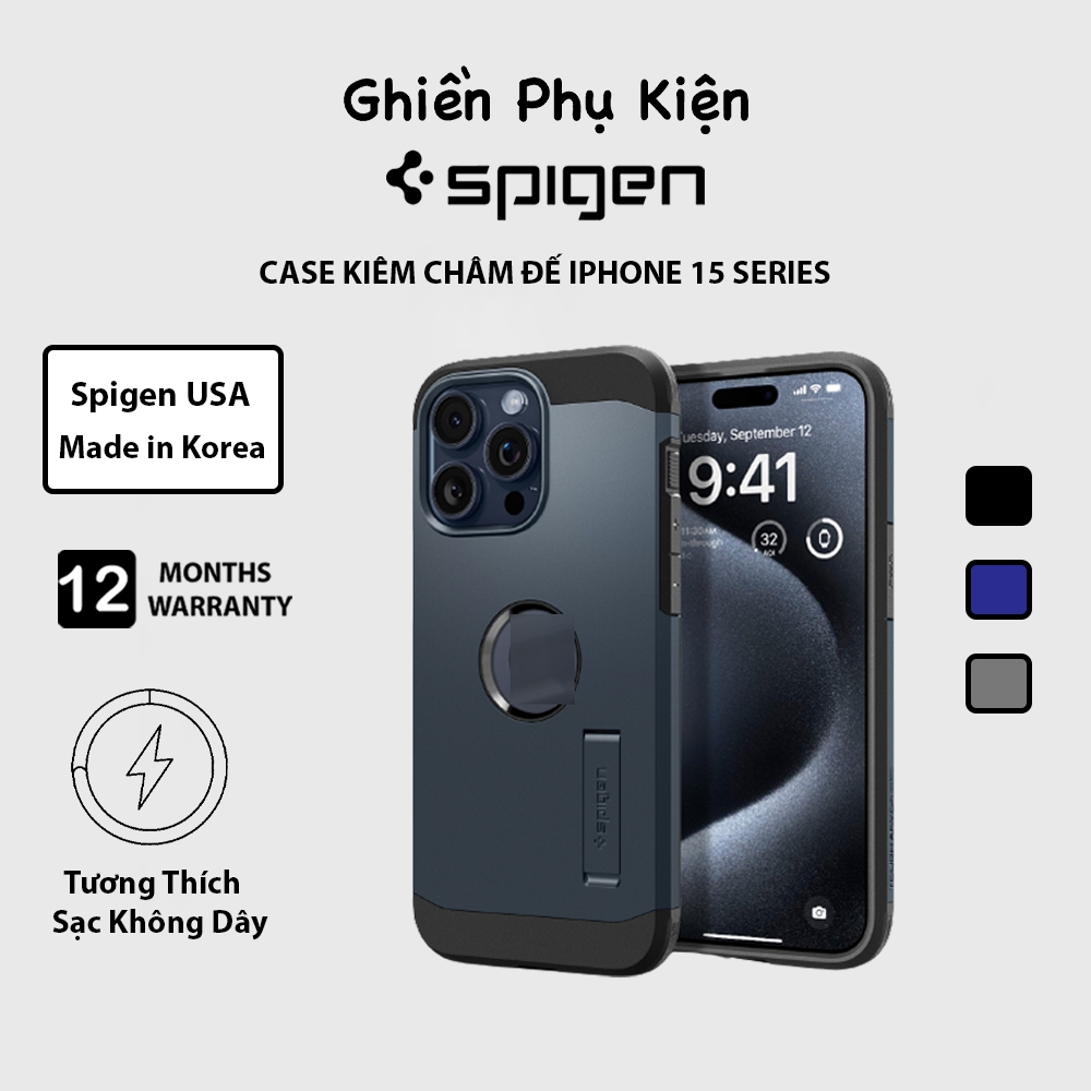 Ốp Lưng Spigen Tough Armor Magfit Sạc Không Dây Kiêm Chân Đế Cho iPhone 15 Pro Max