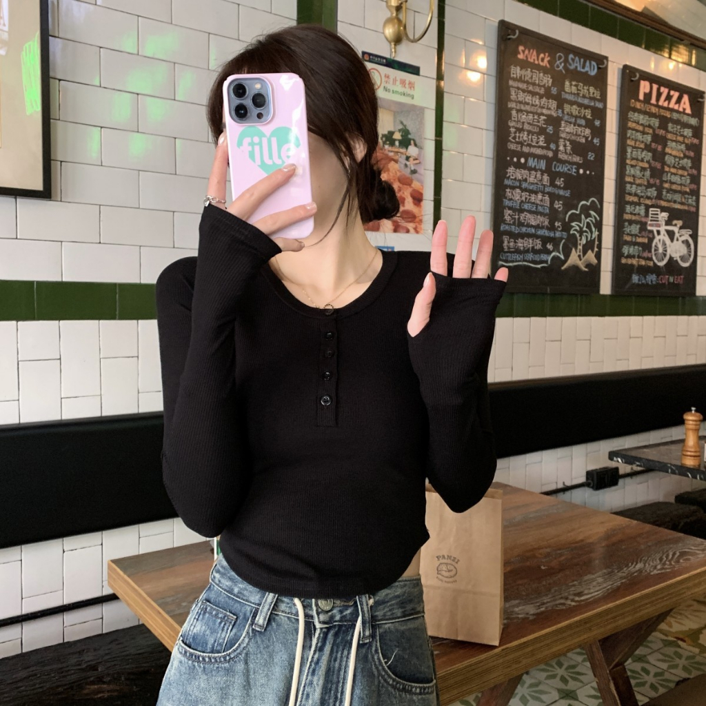 ÁO THUN DÀI TAY NỮ VẠT TÔM BO EO PHỐI CÚC CHẤT LEN TĂM CO GIÃN MỀM MỊN SIÊU XINH MÃ 005