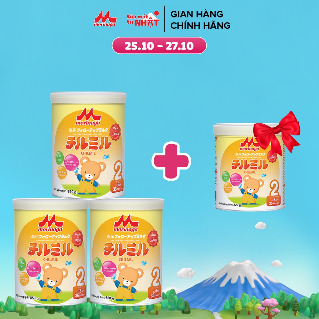 Combo 3 lon sữa Morinaga Chilmil số 2 Nhật Bản 850g bé đề kháng khỏe, tiêu hóa tốt
