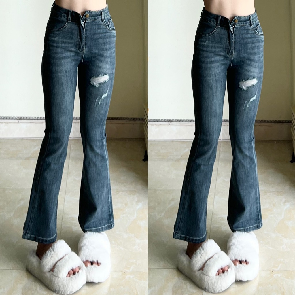 (Hàng Đẹp-10060 ) Quần jeans ống loe màu đá xước đùi bụi bặm, xu hướng 2024,Quần jeans nữ Yến Tee