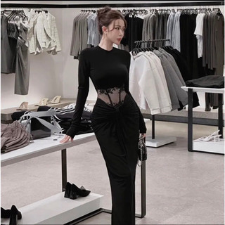 ĐẦM THIẾT KẾ TAY DÀI CỔ TRÒN REN MỜ HỞ EO ÔM BODY XẺ SAU QUYẾN RŨ