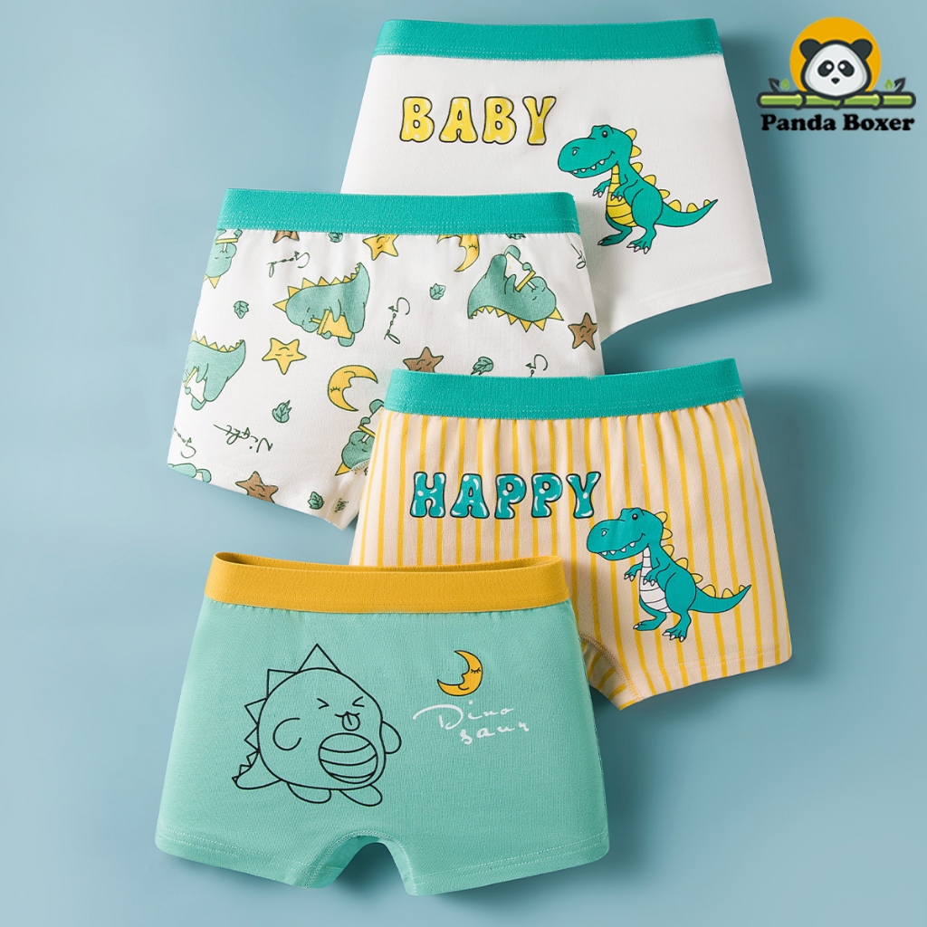 Combo 4 quần sịp đùi cho bé trai mã 1032 họa tiết Khủng long xanh lá, quần lót boxer trẻ em cotton thoáng mát