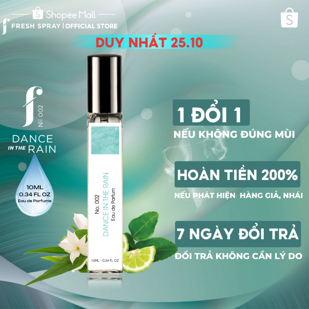 Nước Hoa F Fresh Spray, Dance In The Rain No.002 Hương Hoa Và Cỏ Cây Tinh Tế, Ngọt Ngào, Nhẹ Nhàng, Mini Size 10ML