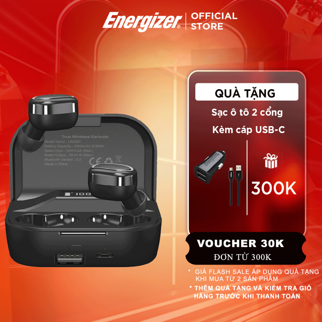 Tai nghe True Wireless Stereo Energizer UB2607 - tích hợp sạc dự phòng 2600mAh, thiết kế nhỏ gọn, âm thanh chuẩn HD