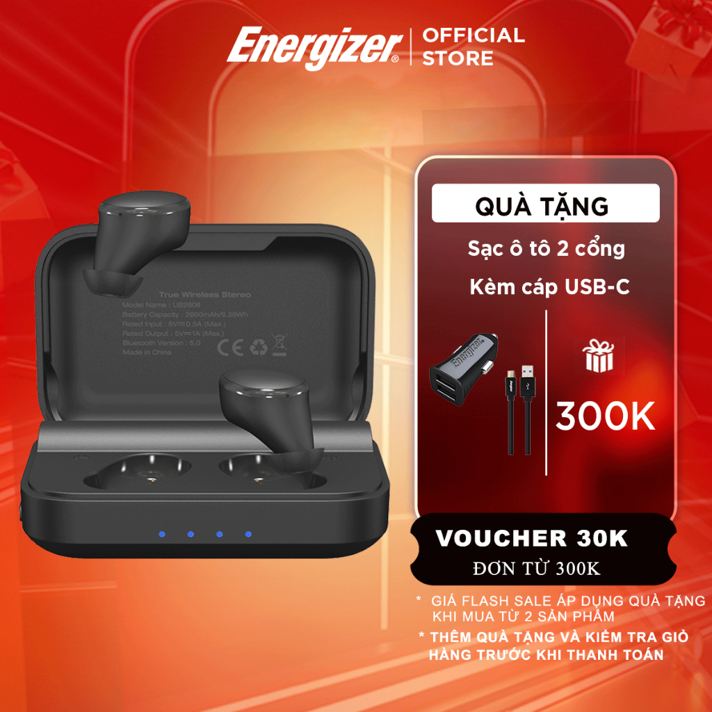 Tai nghe True Wireless Energizer UB2608 - kèm hộp sạc di động 2600mAh, chống thấm nước IPX4 - Hàng Chính Hãng