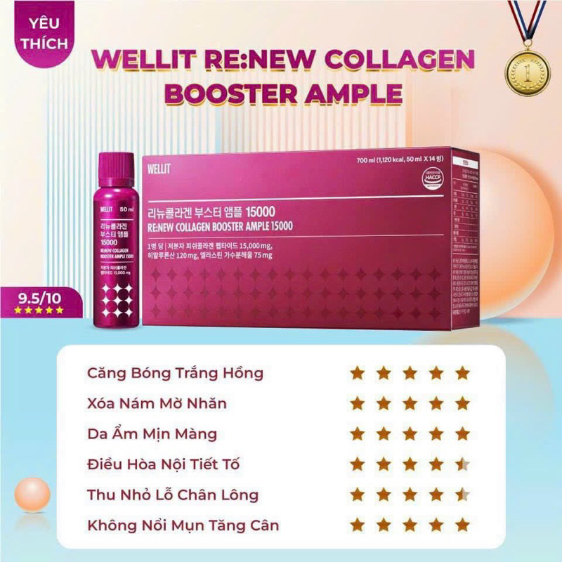 Renew Collagen Wellit  Booster Ample Hàm Lượng Cao 15000mg Trẻ Hóa Tái Trắng Da 14 chai x50ml