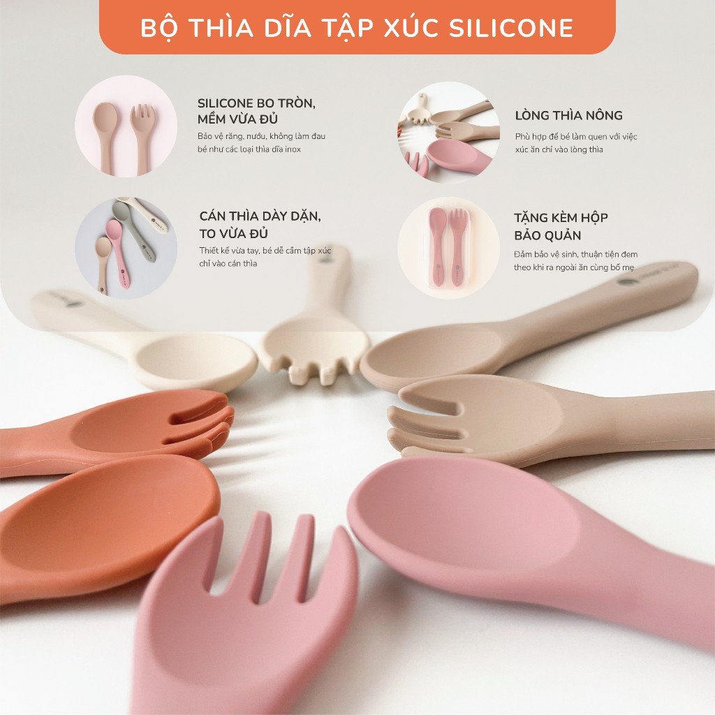 Set 3 món khay, thìa dĩa và yếm ăn dặm silicone hình gấu cao cấp CHIPPIANDCO đế hít chống lật