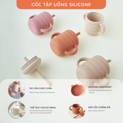 Combo ăn dặm 4 món bát, khay, yếm, cốc silicone hình gấu cao cấp CHIPPIANDCO đế hít chống lật