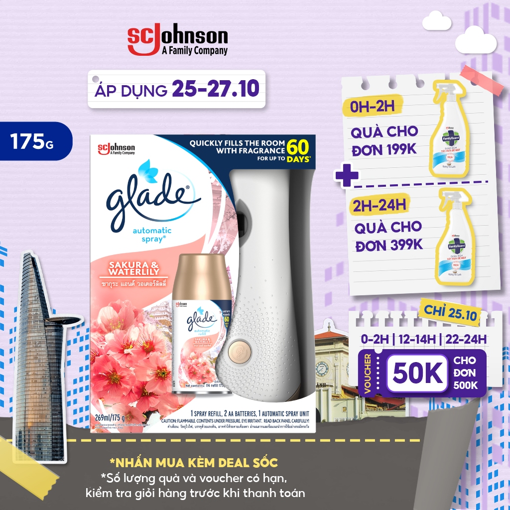 [Nhâp FMCGMALLMT-Giảm 12%-Đơn 250K] GLADE Bộ Máy & Lõi Xịt thơm phòng tự động Hương Hoa Anh Đào Lily 175g