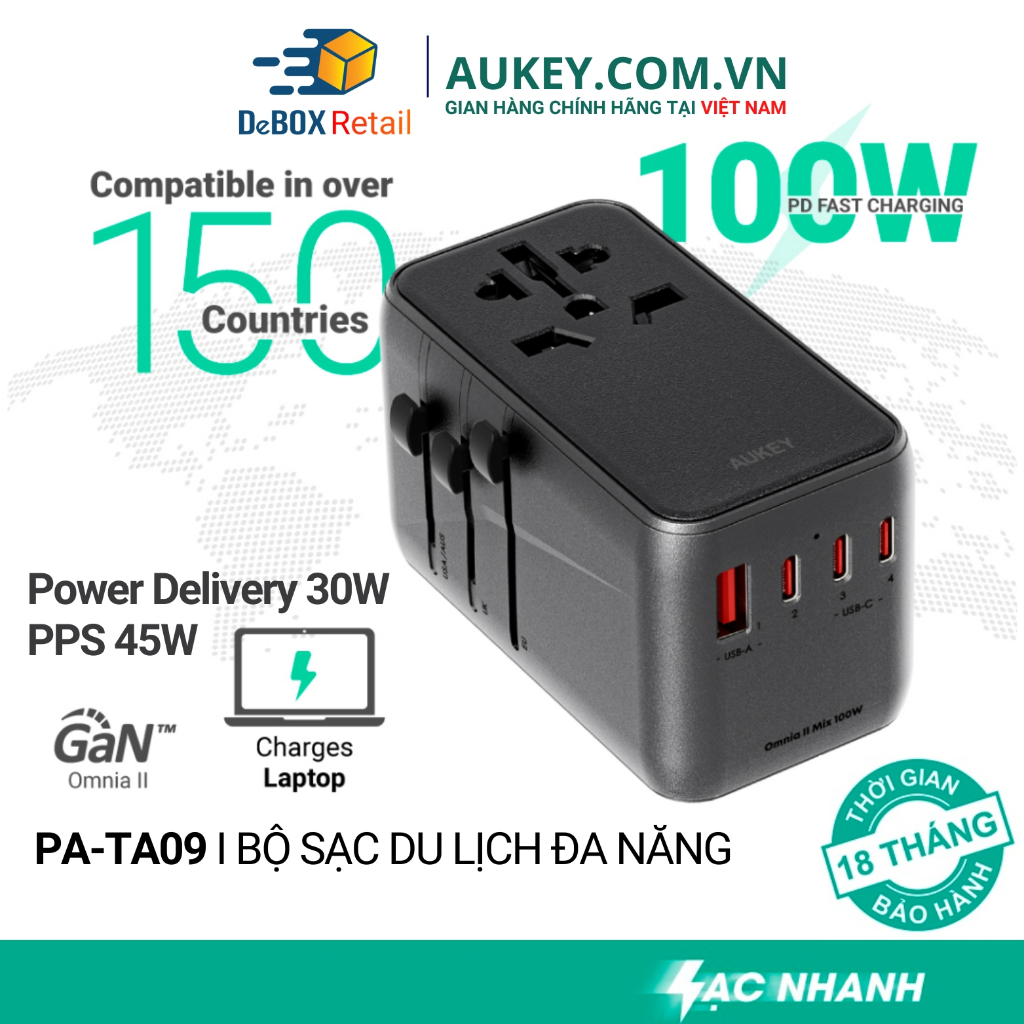 Bộ sạc du lịch đa năng AUKEY 100W PA-TA09 Sạc nhanh PPS 45W, PD 30W, USB A + 4 Type C, AC 2500W tương thích 200 Quốc gia