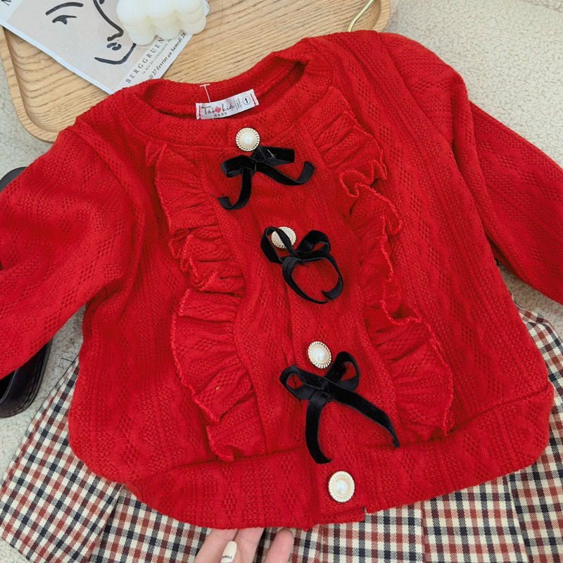 Set áo len đỏ 3 nơ đen bé gái