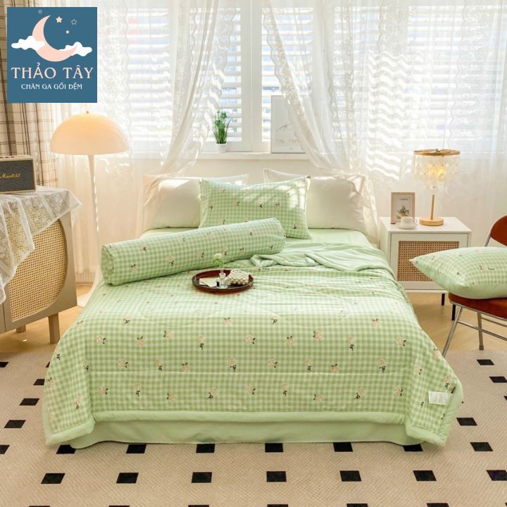 Set chăn ga 5 món cotton đũi thô chăn trần hoạ tiết vitage