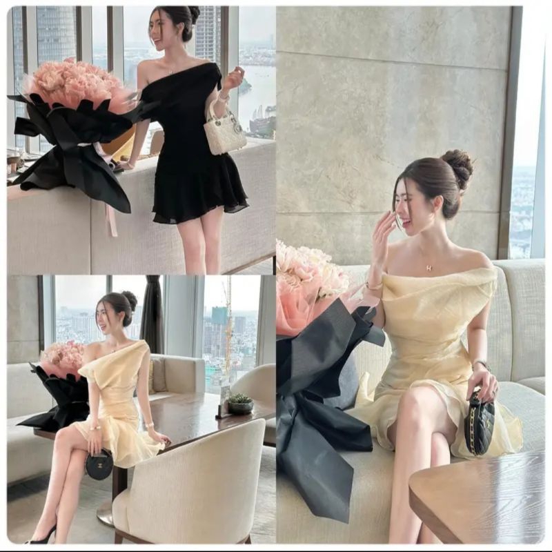 Váy tơ trễ vai cổ chéo mặc 2 kiểu phong cách tiểu thư @Tesoro clothes