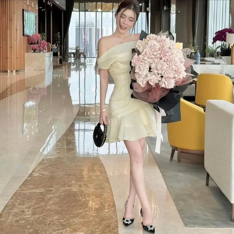Váy tơ trễ vai cổ chéo mặc 2 kiểu phong cách tiểu thư @Tesoro clothes