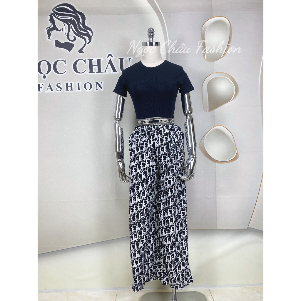 Set áo thun trơn tay ngắn croptop cổ tròn phối quần dài ống suông có túi lưng thun họa tiết Di o form 38-55kg