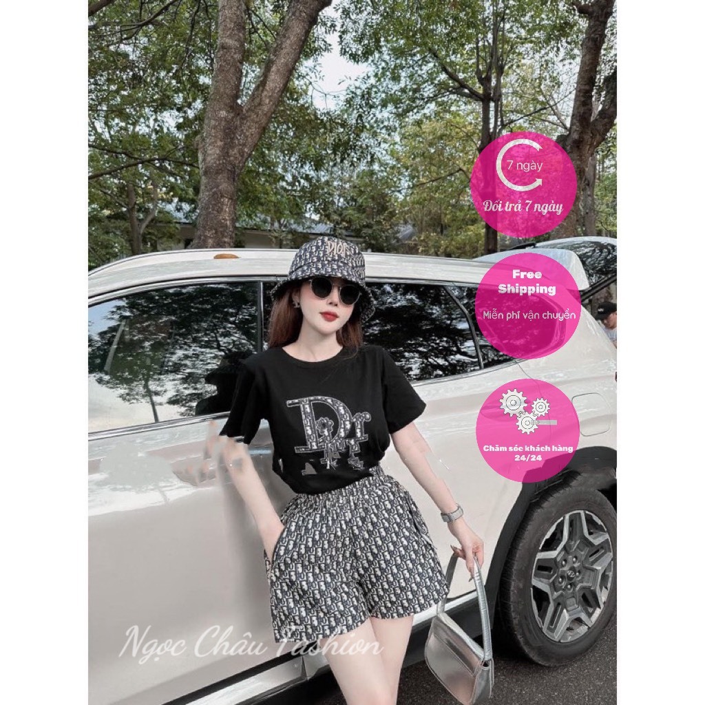 Set áo thun cổ tròn tay ngắn quần đùi họa tiết Di o màu đen form 38-58kg