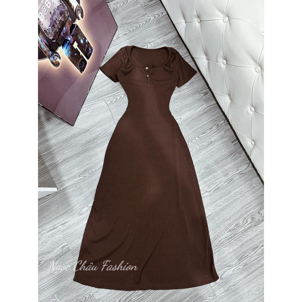 Đầm váy maxi dáng dài ôm body cổ vuông form chữ A thun borip 3 màu đen, nâu, kẻ sọc size 40-57kg