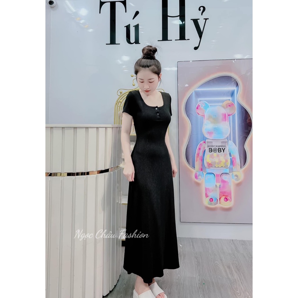Đầm váy maxi dáng dài ôm body cổ vuông form chữ A thun borip 3 màu đen, nâu, kẻ sọc size 40-57kg