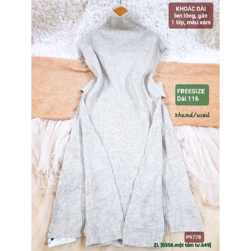 Khoác dài , màu xám, len gân xù 1 lớp co giãn, freesize, 2hand, used, 9778