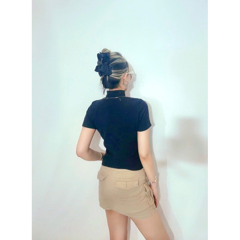 Áo cổ lọ cao tay ngắn form ôm thun cotton sốp 4 chiều