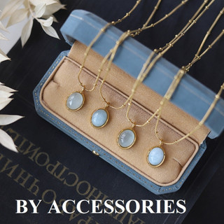 Dây chuyền nữ titan kiểu mì bi tròn mạ vàng 18K không gỉ phối mặt oval khảm đá xanh Aquamarine tự nhiên
