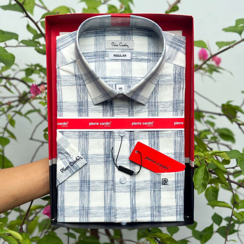 Áo Sơ Mi Nam Kẻ To Trắng Xanh Ngắn Tay Pierre Cardin Chính Hãng Hàng Xuất Dư Xịn Hàn Quốc