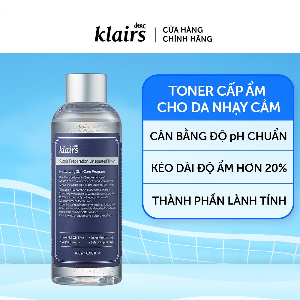 Nước hoa hồng không mùi dưỡng ẩm da và làm mềm da Klairs Supple Preparation Unscented 180ml