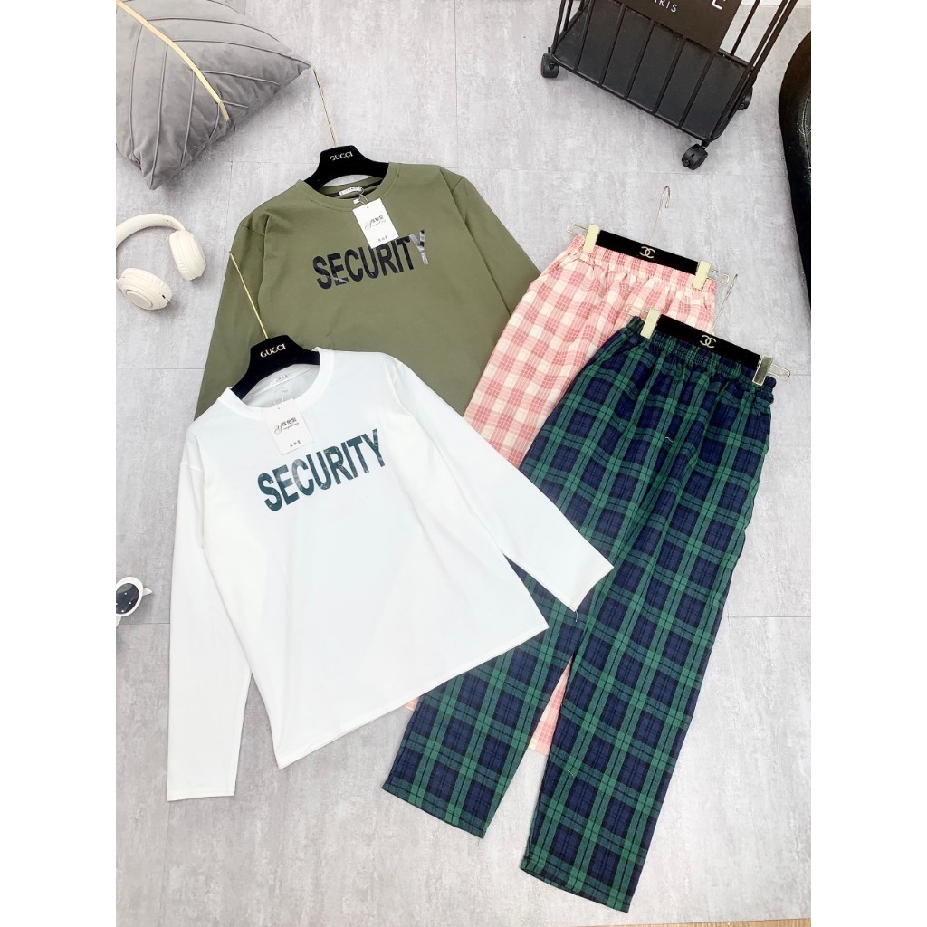 Set Áo Cotton Dài Tay In Chữ Mix Quần Thô Kẻ Dày Dặn