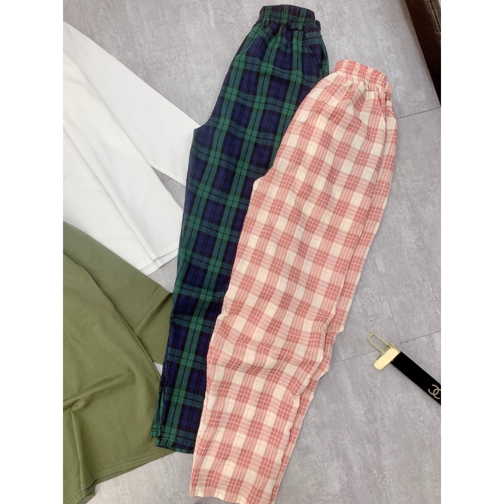 Set Áo Cotton Dài Tay In Chữ Mix Quần Thô Kẻ Dày Dặn