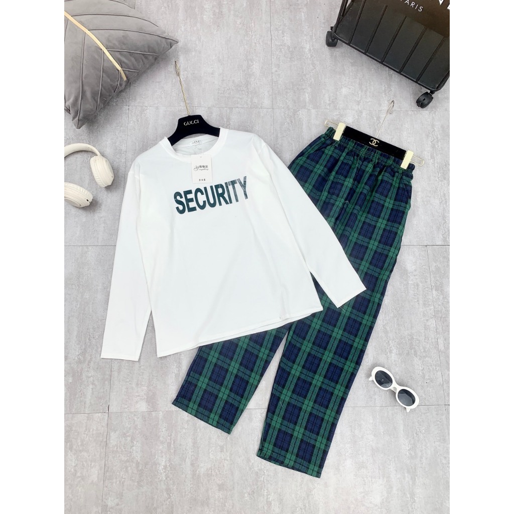 Set Áo Cotton Dài Tay In Chữ Mix Quần Thô Kẻ Dày Dặn