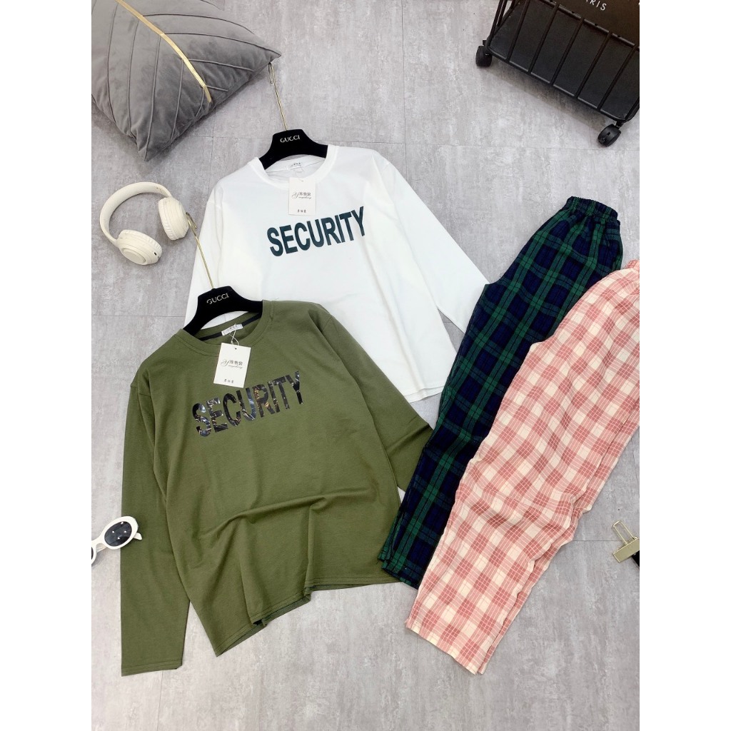 Set Áo Cotton Dài Tay In Chữ Mix Quần Thô Kẻ Dày Dặn