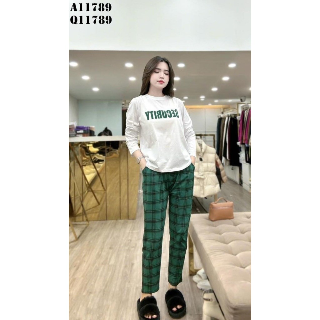 Set Áo Cotton Dài Tay In Chữ Mix Quần Thô Kẻ Dày Dặn