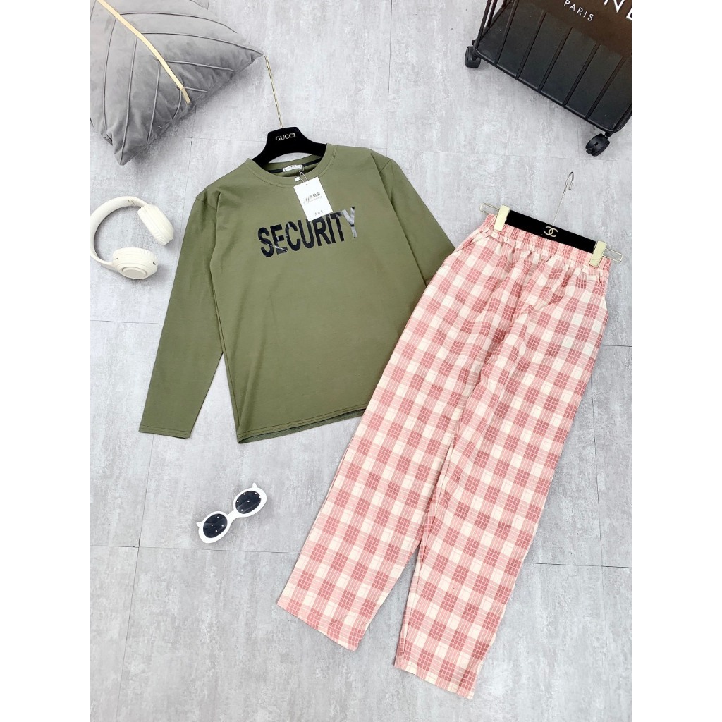 Set Áo Cotton Dài Tay In Chữ Mix Quần Thô Kẻ Dày Dặn