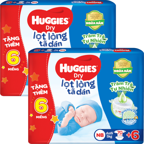 Combo 2 gói tã dán huggies sơ sinh tràm trà tự nhiên NB70+6 dưới 5kg