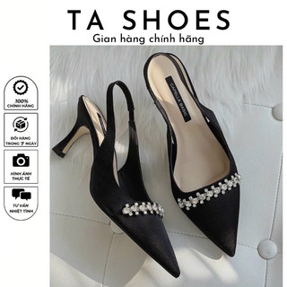 Giày Cao Gót Nữ Mũi Nhọn Đính Đá 7cm Đen Trắng, Sandal Đế Cao 7p Công Sở Tiệc Cưới Nổi Bật Slingback Sang Chảnh TA SHOSE