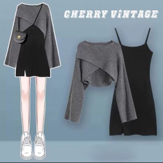 Set áo len croptop vạt chéo chất len dày dặn phối cùng váy 2 dây xẻ đùi chất vải umi cao cấp phong cách hàn quốc