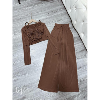 Set 3 món thun dẻo áo 2 dây nhúm quần dài áo khoác nhẹ go