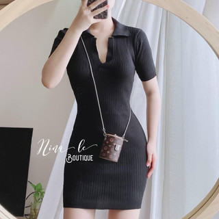 Đầm body len cổ bẻ đen