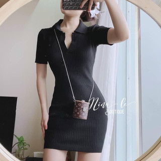 Đầm body len cổ bẻ đen