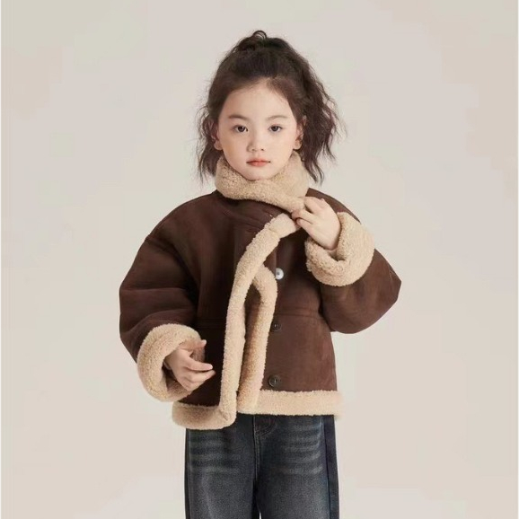 B009 Áo khoác da lộn lót bông ấm áp sang chảnh tiểu thư gam màu nâu tây phong cách Hàn Quốc Thu Đông 2023 cho bé gái