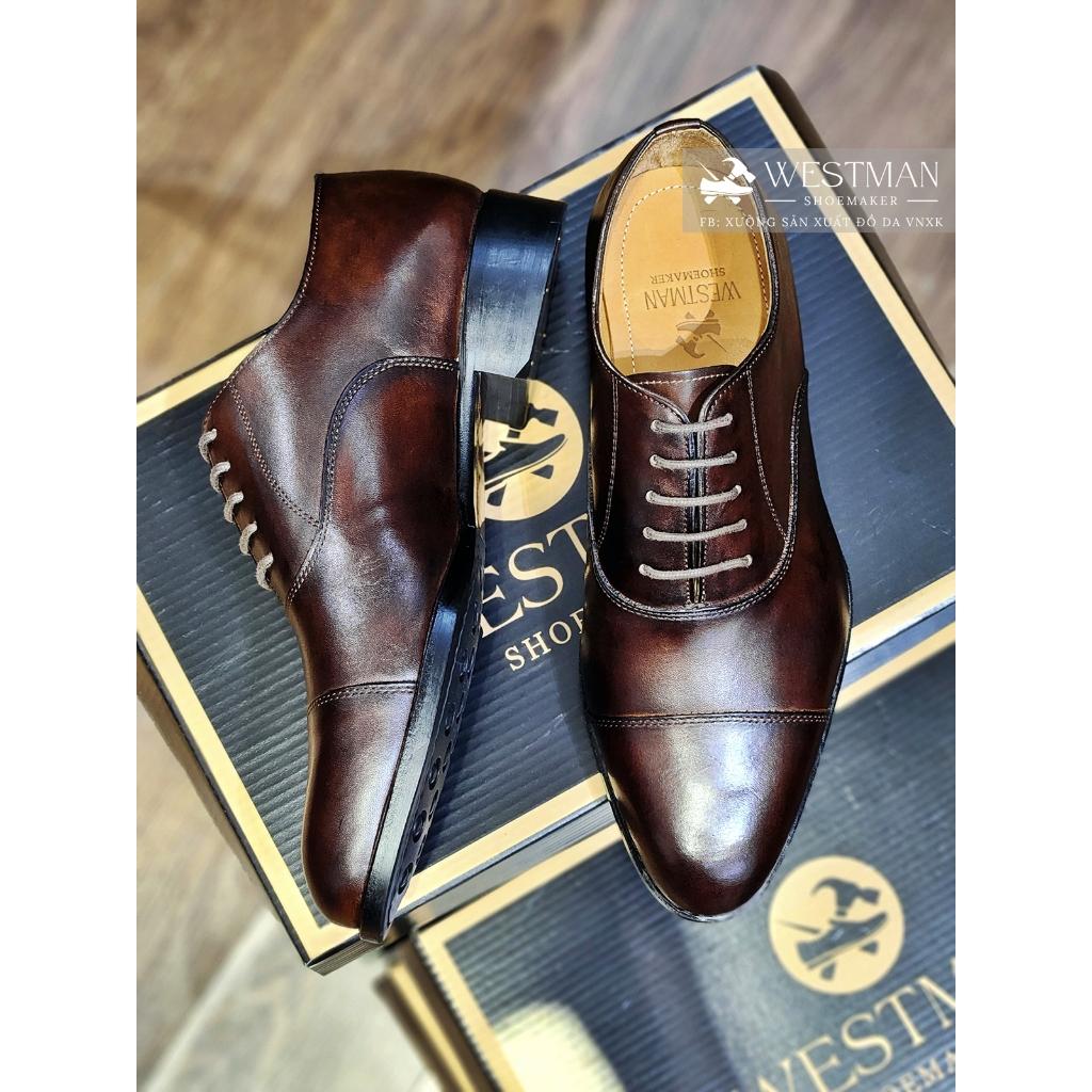 Giày Da Oxford Captoe Westman W0001NE Da bê Mastrotto - Màu Dark Brown
