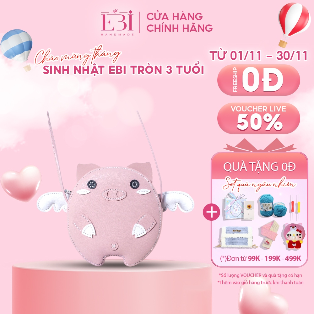Túi đeo chéo EBI HAND MADE da Pu tự đan sẵn đường chỉ may hình heo hồng siêu đáng yêu làm Quà tặng - ES10