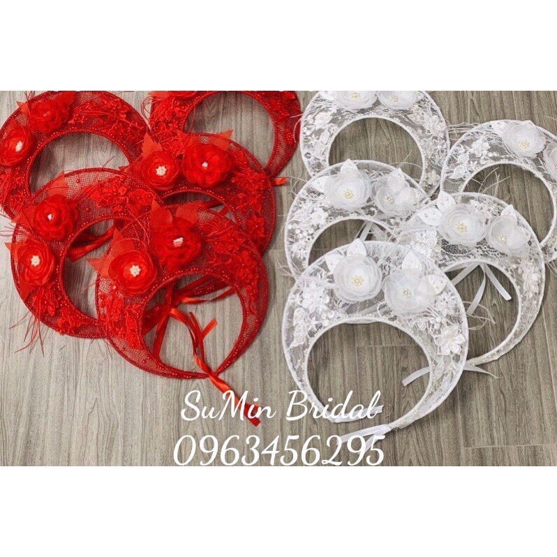 Mấn Đội Đầu Cô Dâu_Mấn Vành Ren Đính Hoa Nổi Và Lông Vũ