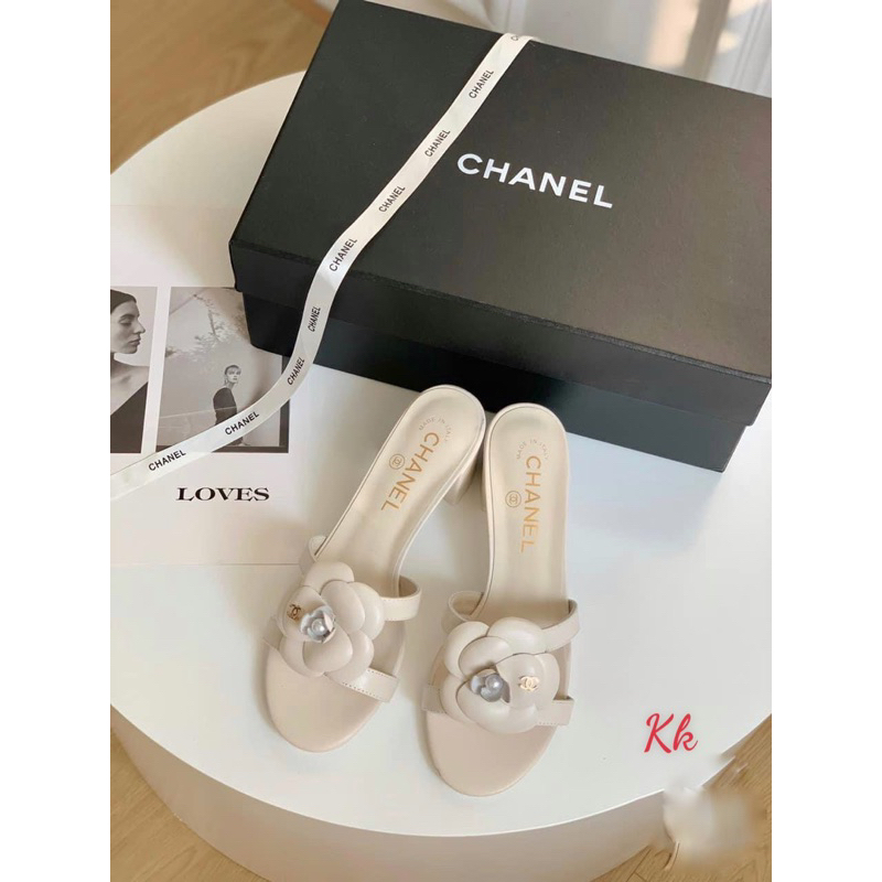 Guốc cn hoa trà quai ngang khoét eo gót trụ fullbox