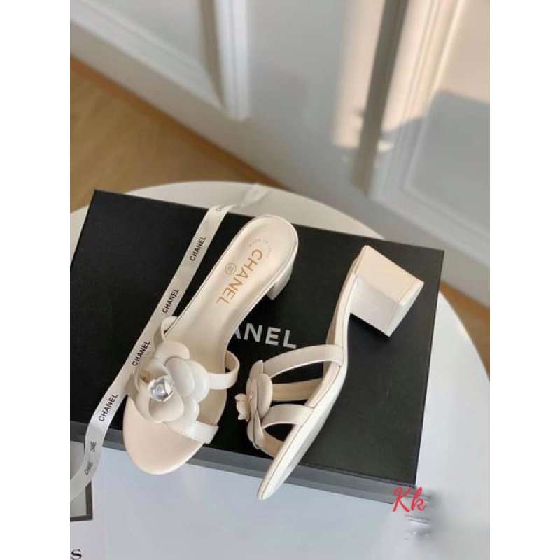 Guốc cn hoa trà quai ngang khoét eo gót trụ fullbox