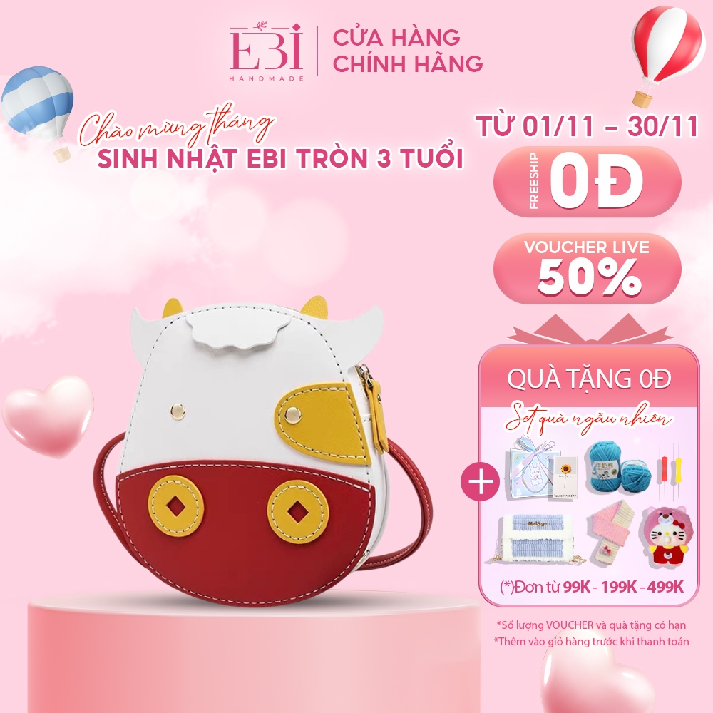 Túi da đeo chéo EBI HANDMADE da Pu tự làm hình con trâu trắng vàng đỏ may mắn - ES20