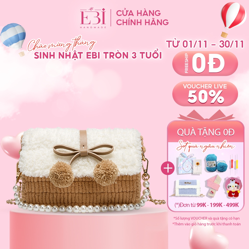 Túi len tự đan EBI HANDMADE phối màu mác trái Pom Pom DIY cute làm quà tặng bạn gái - ES22
