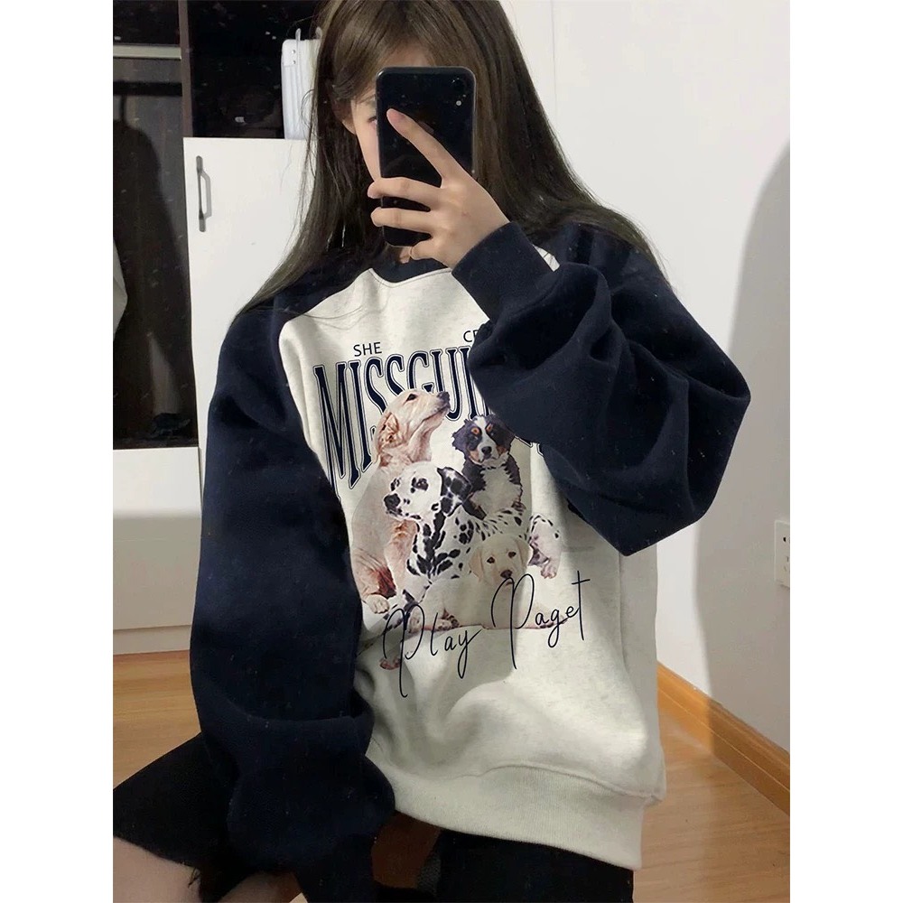 Áo nỉ dài taynam nữ,áo Sweater raglang phối màu in hình ba chú cún cute đáng yêu hottrend Hàn